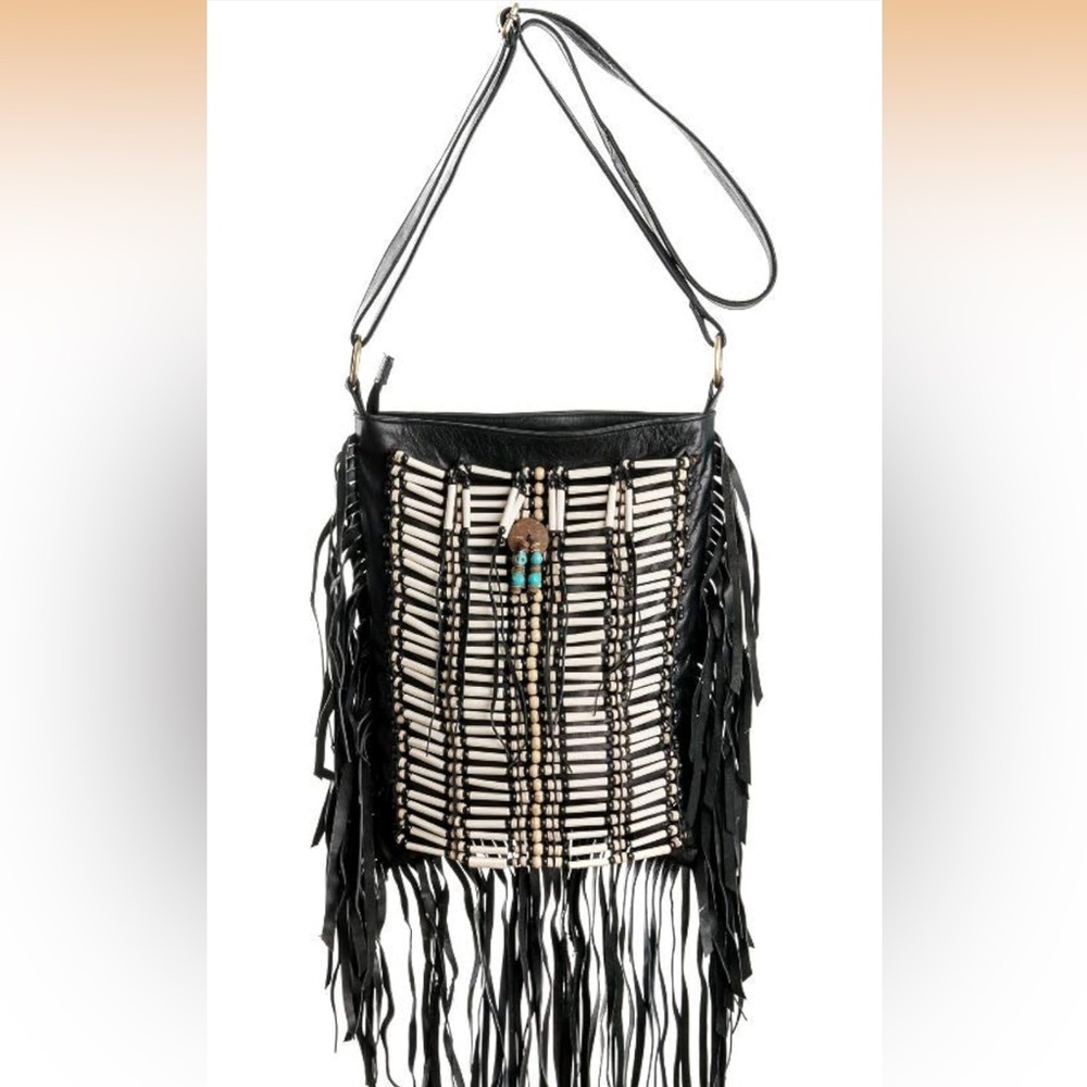 Southwest Native Tribal Boho Fringe Bead Black Leather Crossbody Purse Bag